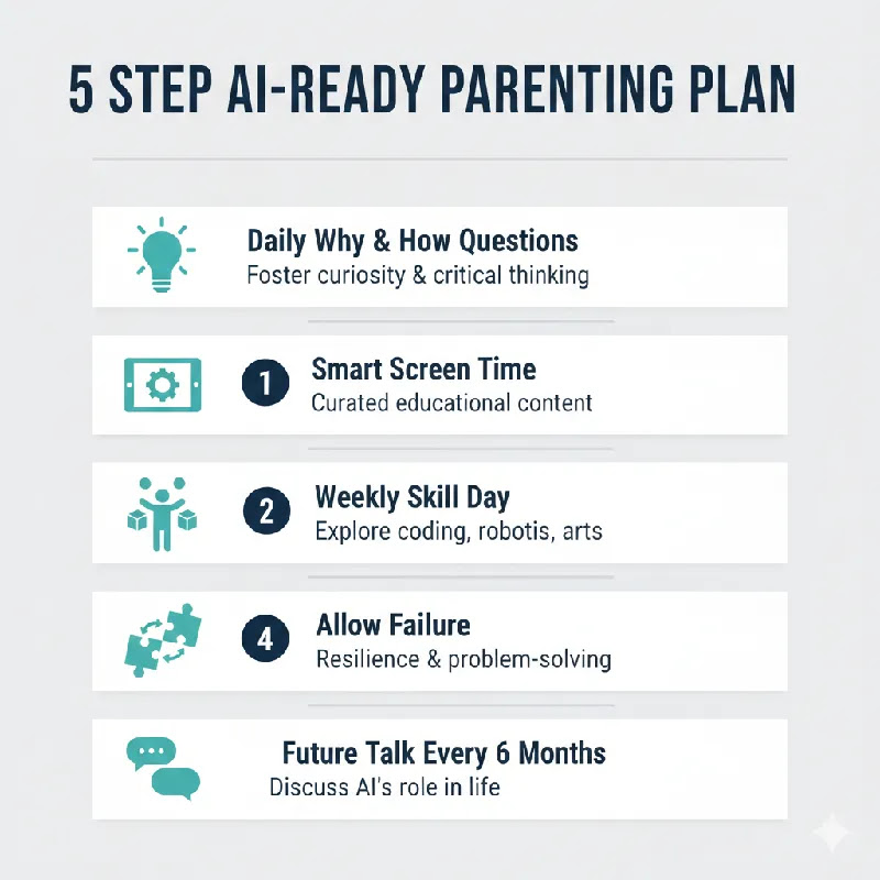 5 Step AI Ready Parenting Framework AI ready parenting ke 5 practical steps infographic