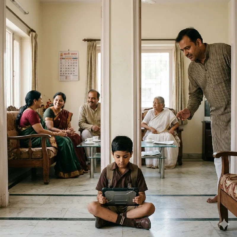 Digital Distraction and Respect in Kids Indian child ignoring guests while playing on tablet in modern home