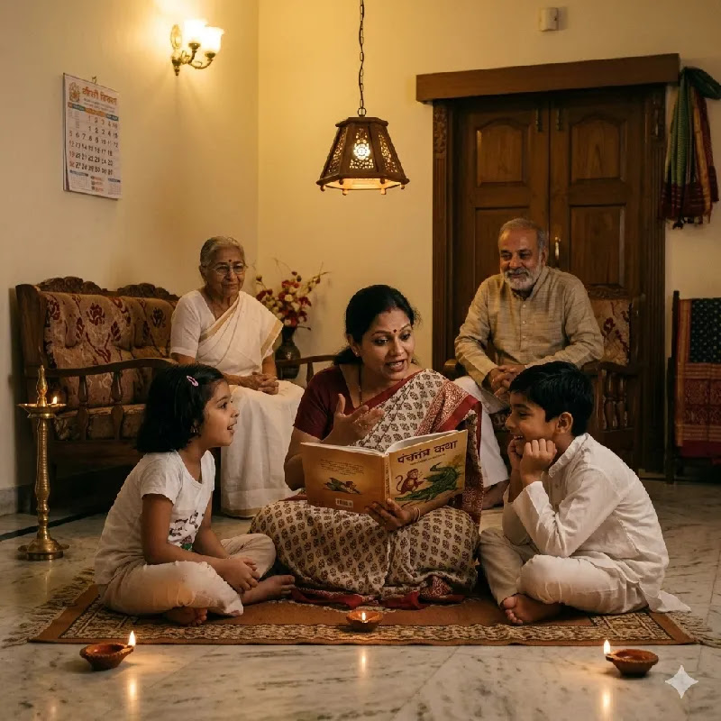 Storytelling for Teaching Indian Values Indian mother telling traditional story to children at night for value education