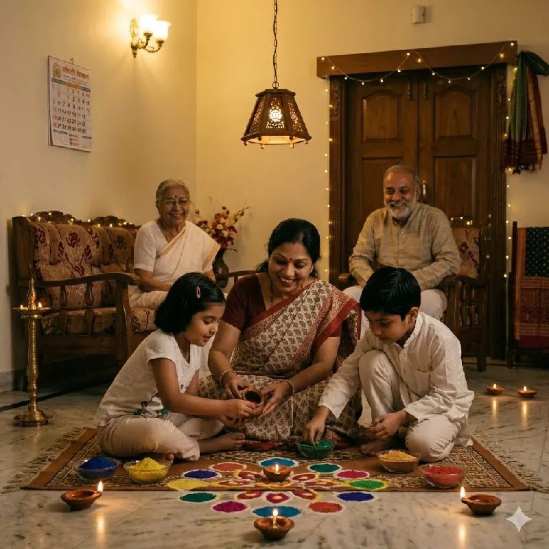 Teaching Values Through Indian Festivals Indian family celebrating Diwali and teaching cultural values to children
