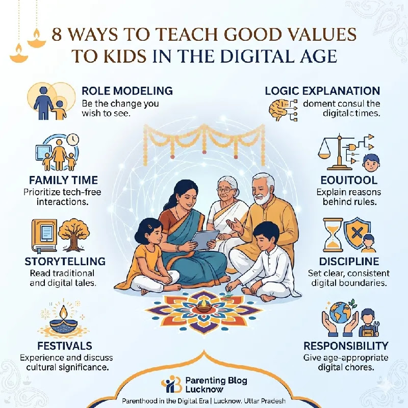 8 Practical Parenting Tips to Teach Sanskar Infographic showing 8 practical ways to teach good values to children in digital age