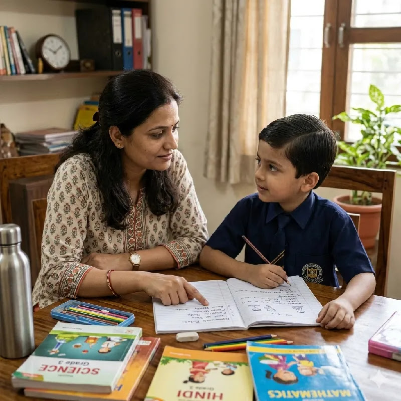 AI Homework Use Karne Ke Golden Parenting Rules Digital parenting rules samjhati hui Indian mother apne bacche ko