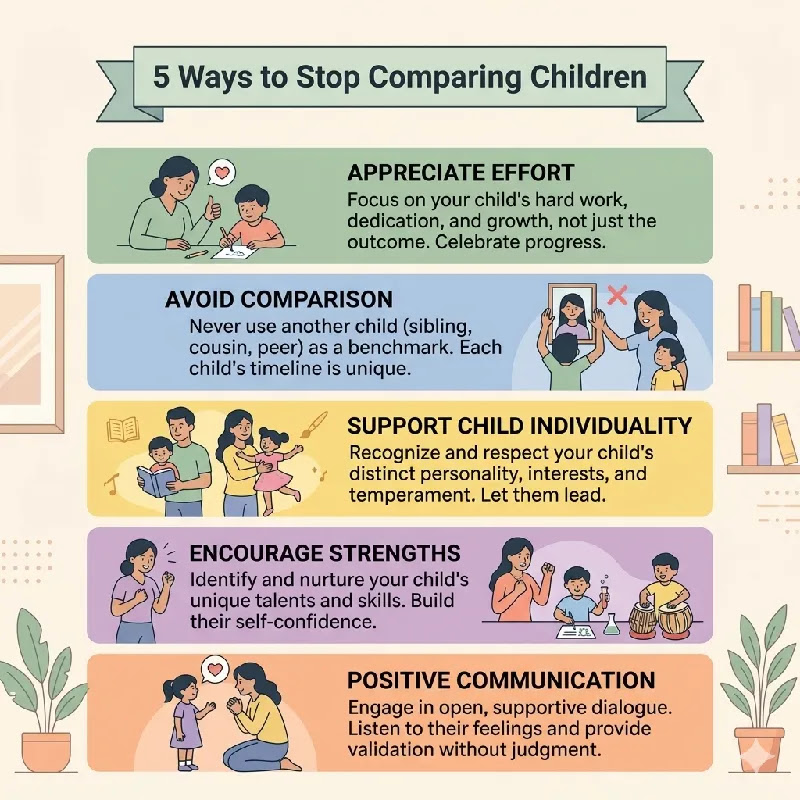 Stop comparing children parenting infographic Bacchon ko comparison se bachane ke 5 parenting tips infographic