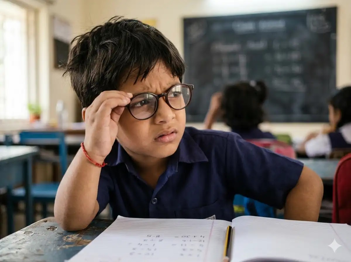 Hidden causes of weak performance in students Child struggling to see blackboard due to vision issue