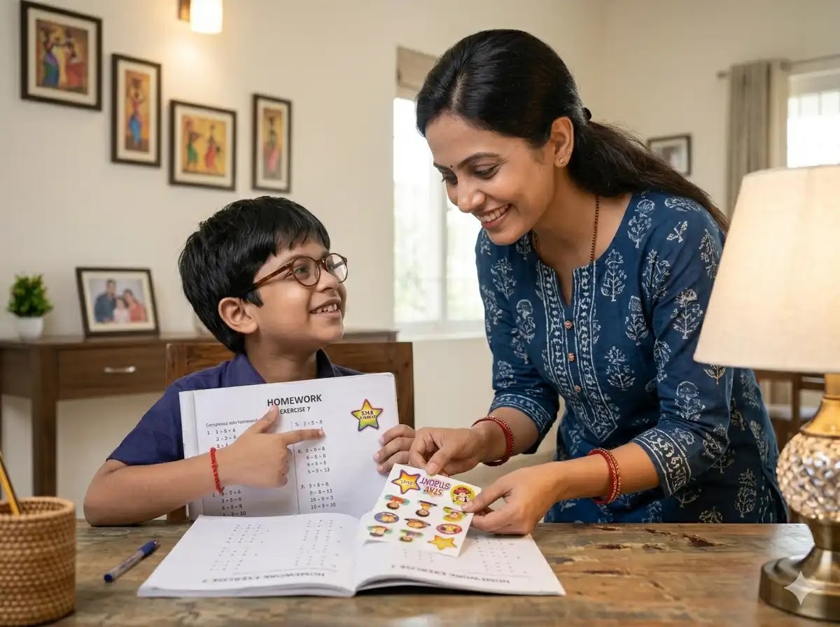 Positive reinforcement boosts child motivation Parent rewarding child for good study effort