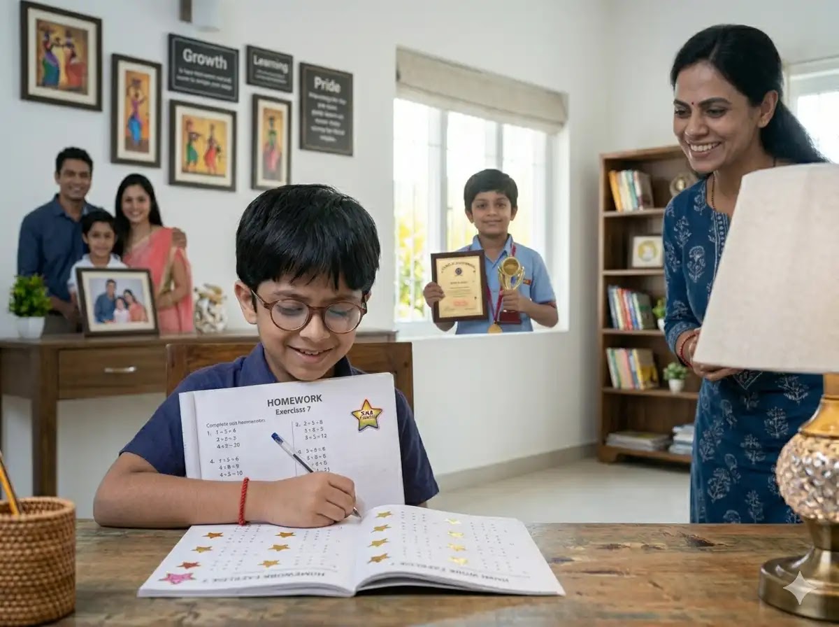 Support leads to better child performance Confident child studying with supportive parent